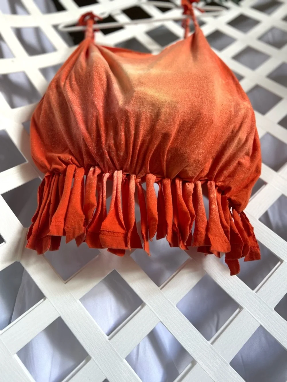 Upcycled No-Sew T-Shirt Fringe Bag Orange Tie Dye Lightweight Tote Boho Handmade